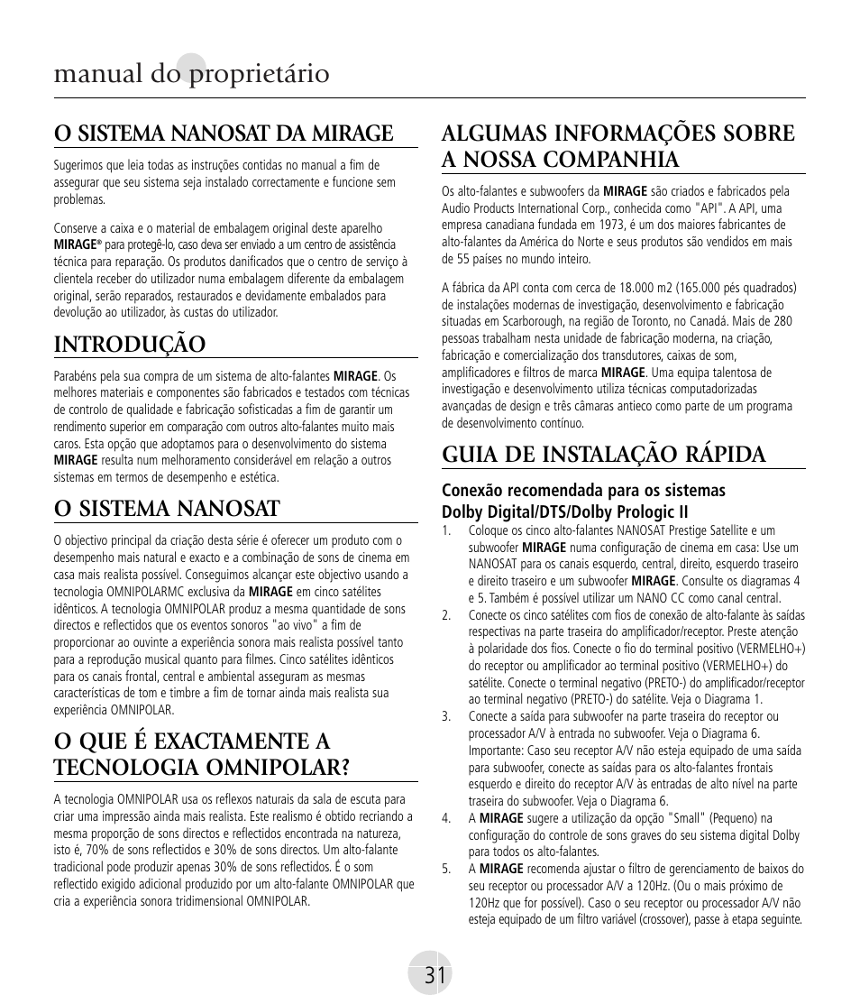 Manual do proprietário, O sistema nanosat da mirage, Introdução | O sistema nanosat, O que é exactamente a tecnologia omnipolar, Algumas informações sobre a nossa companhia, Guia de instalação rápida | Mirage Nanosat® Prestige User Manual | Page 31 / 44
