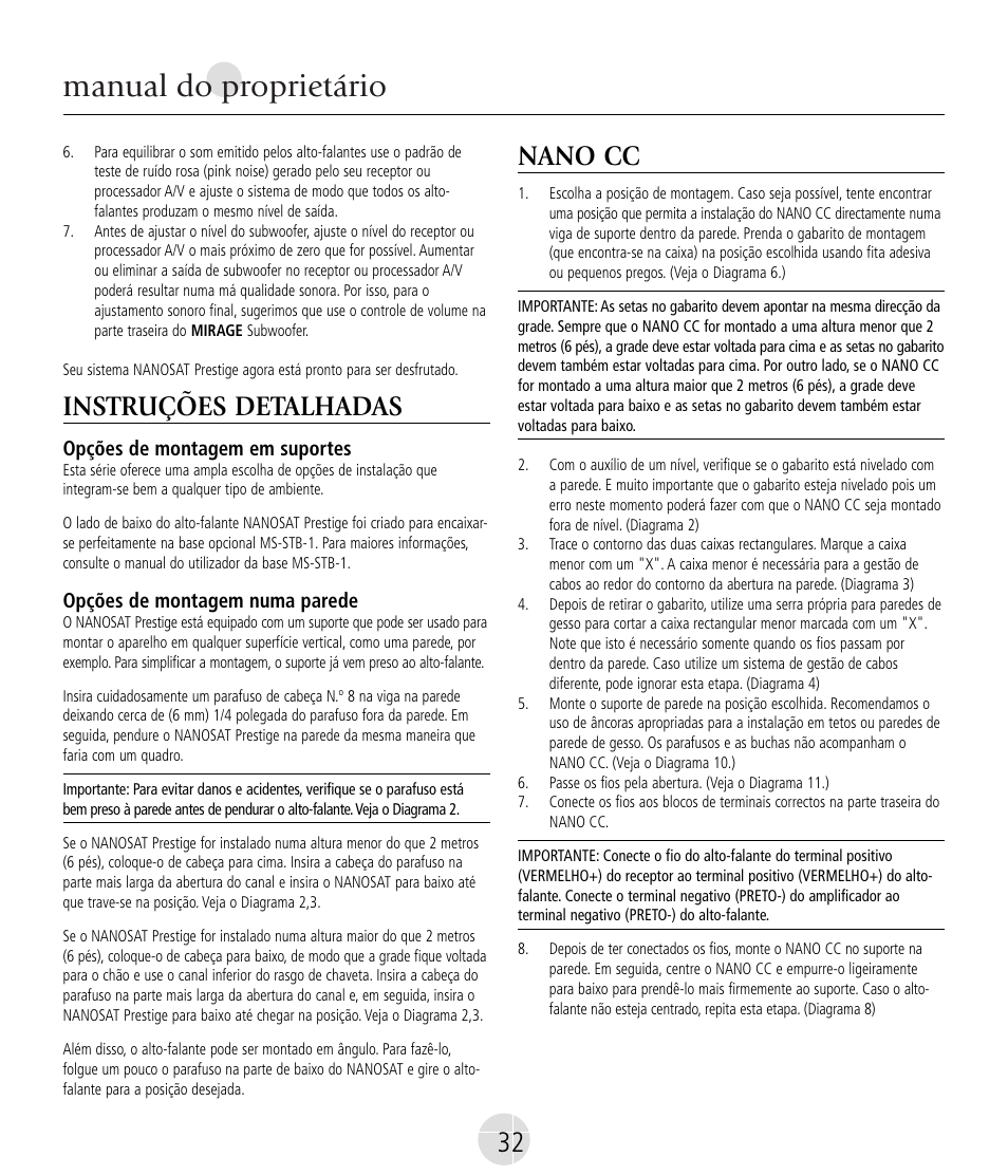 Manual do proprietário, Instruções detalhadas, Nano cc | Mirage Nanosat® Prestige User Manual | Page 32 / 44