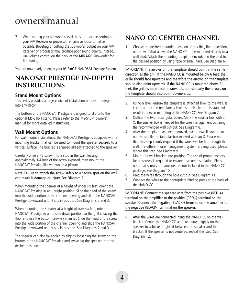 Owners manual, Nanosat prestige in-depth instructions, Nano cc center channel | Mirage Nanosat® Prestige User Manual | Page 4 / 44