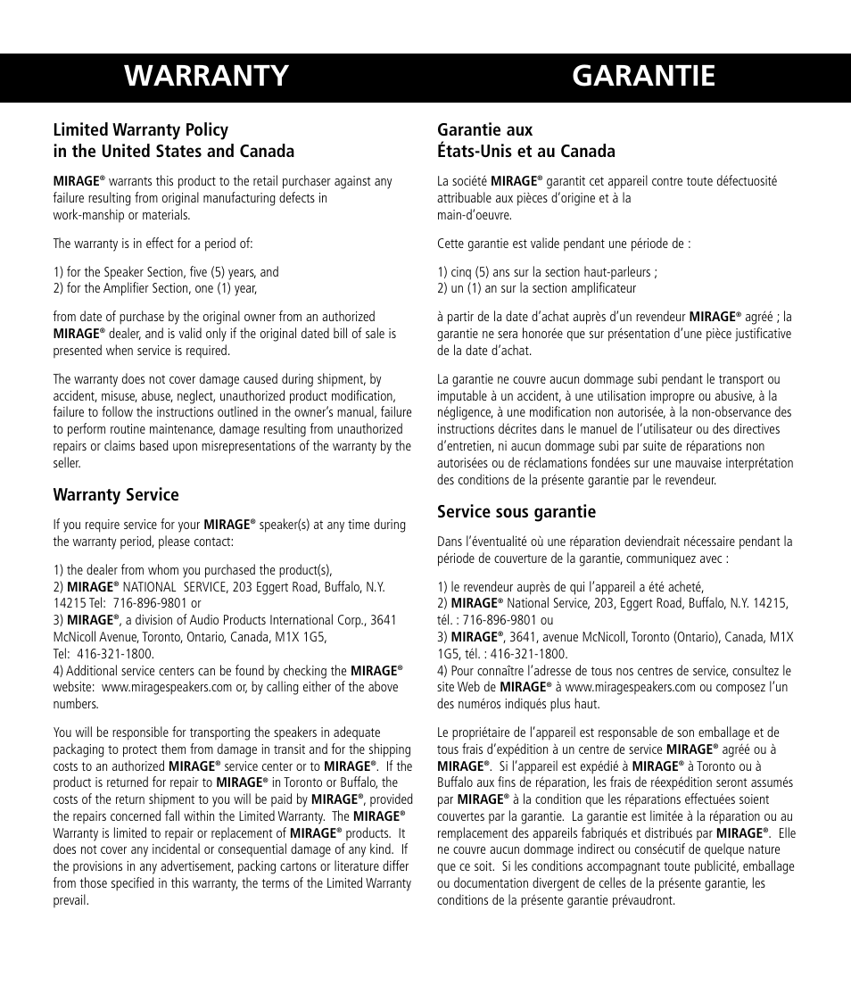 Warranty garantie, Warranty service, Garantie aux états-unis et au canada | Service sous garantie | Mirage Nanosat® Prestige User Manual | Page 44 / 44