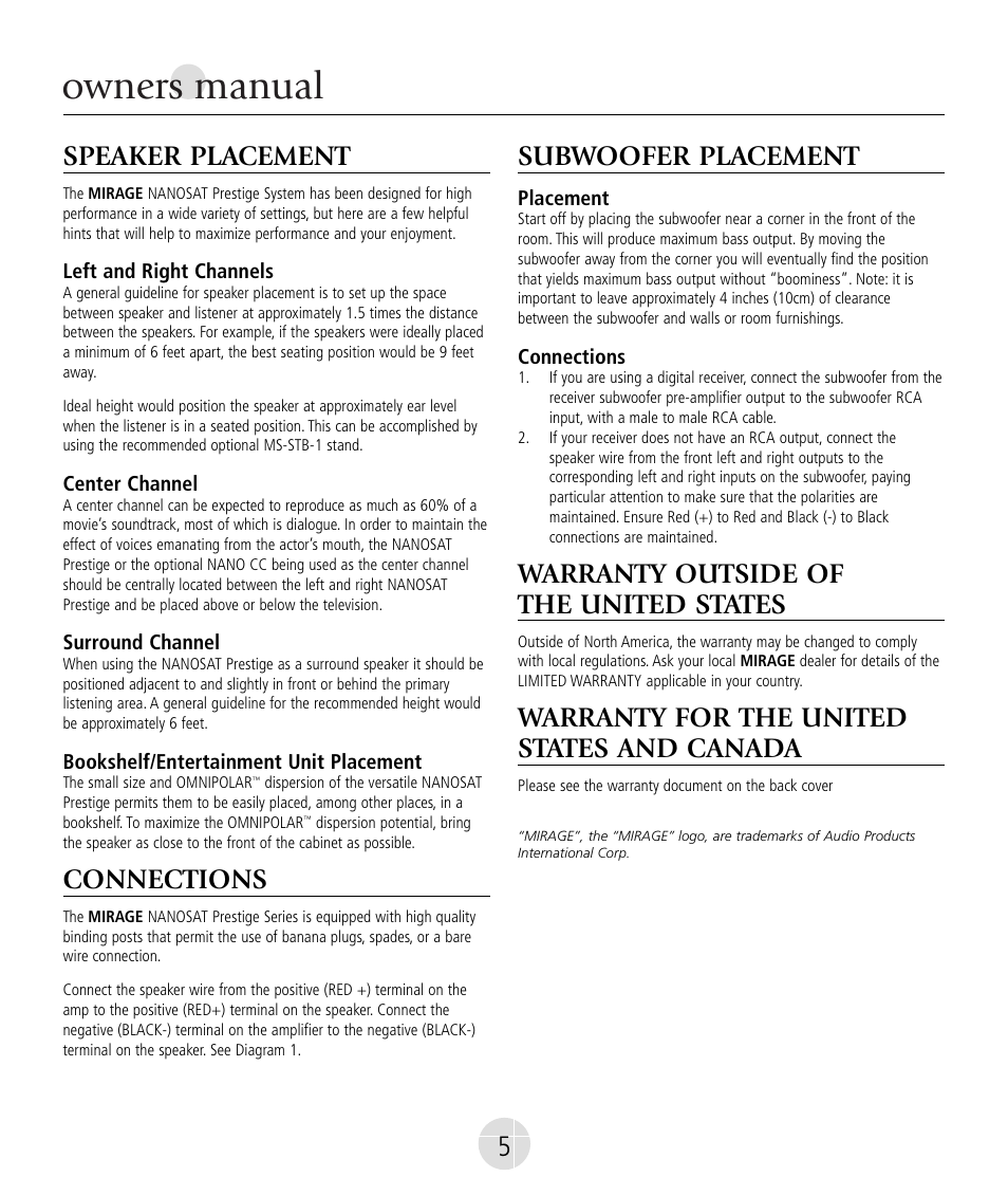 Owners manual, Speaker placement, Connections | Subwoofer placement, Warranty outside of the united states, Warranty for the united states and canada | Mirage Nanosat® Prestige User Manual | Page 5 / 44