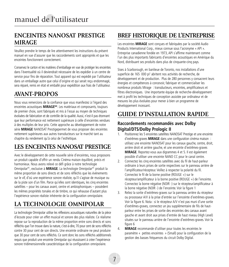 Manuel de l'utilisateur, Enceintes nanosat prestige mirage, Avant-propos | Les enceintes nanosat prestige, La technologie omnipolar, Bref historique de l’entreprise, Guide d’installation rapide | Mirage Nanosat® Prestige User Manual | Page 7 / 44