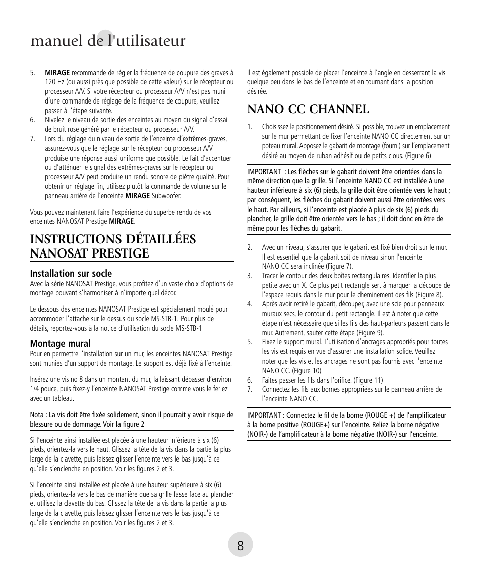 Manuel de l'utilisateur, Instructions détaillées nanosat prestige, Nano cc channel | Mirage Nanosat® Prestige User Manual | Page 8 / 44