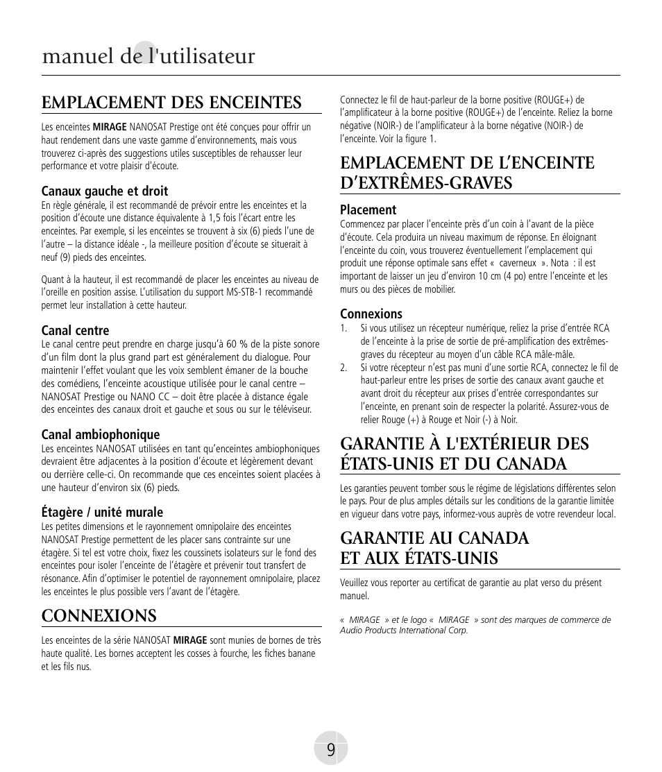 Manuel de l'utilisateur, Emplacement des enceintes, Connexions | Emplacement de l’enceinte d’extrêmes-graves, Garantie à l'extérieur des états-unis et du canada, Garantie au canada et aux états-unis | Mirage Nanosat® Prestige User Manual | Page 9 / 44
