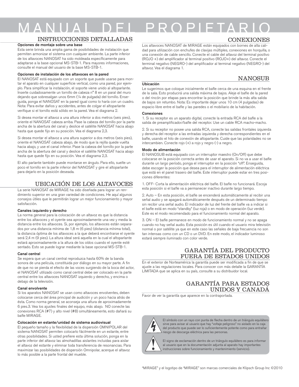 Garantía para estados unidos y canadá, Nanosub | Mirage Nanosat® 5.1 User Manual | Page 7 / 24