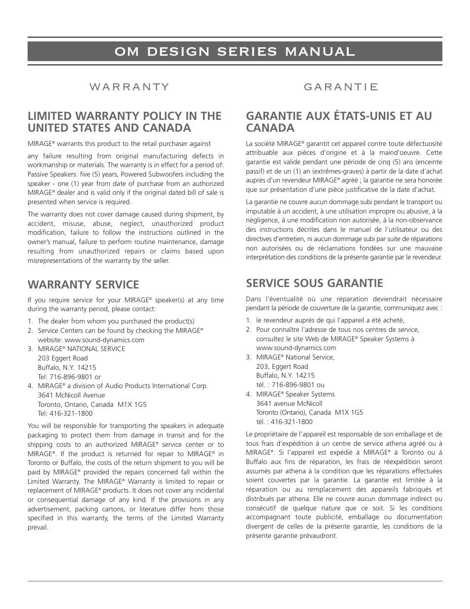 Om design series manual, Warranty service, Garantie aux états-unis et au canada | Service sous garantie | Mirage OMD-28 User Manual | Page 19 / 19