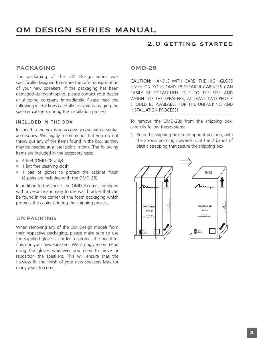 Om design series manual, Packaging, Unpacking | Omd-28 | Mirage OMD-28 User Manual | Page 5 / 19