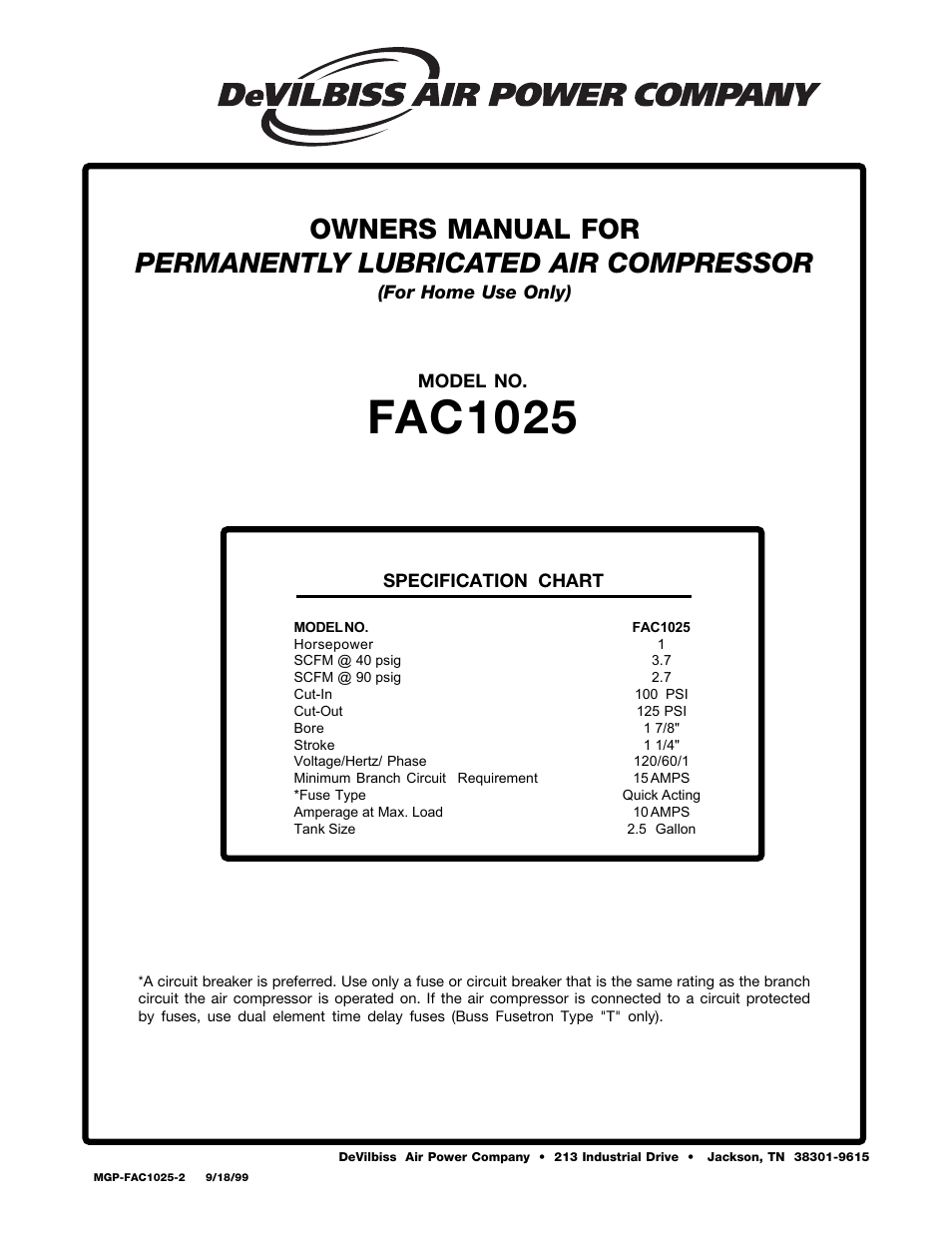 DeVillbiss Air Power Company FAC1025 User Manual | 16 pages