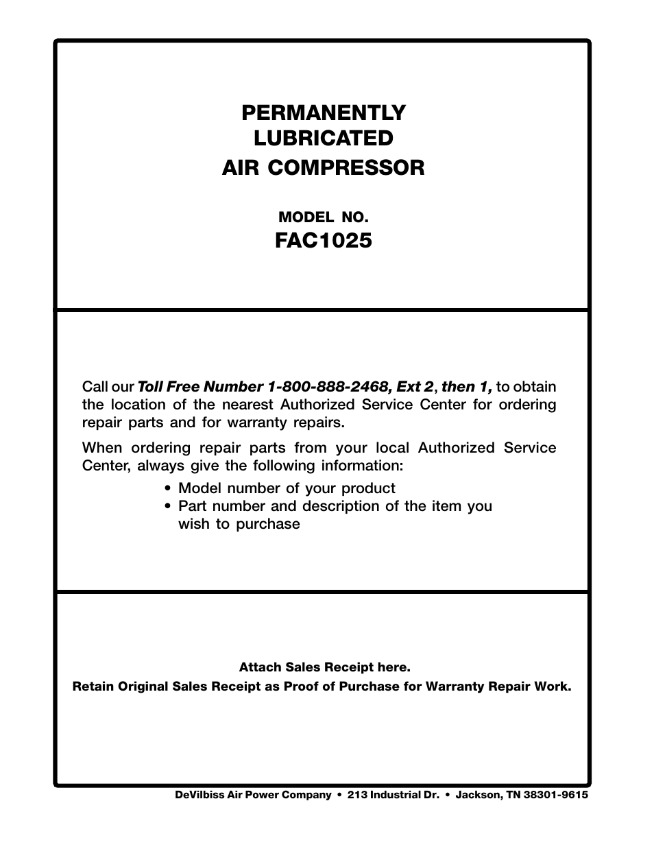 Permanently lubricated air compressor, Fac1025 | DeVillbiss Air Power Company FAC1025 User Manual | Page 16 / 16