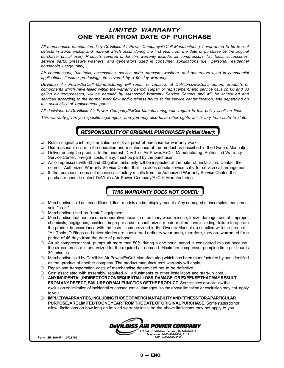 One year from date of purchase, Limited warranty | DeVillbiss Air Power Company FAC1025 User Manual | Page 3 / 16