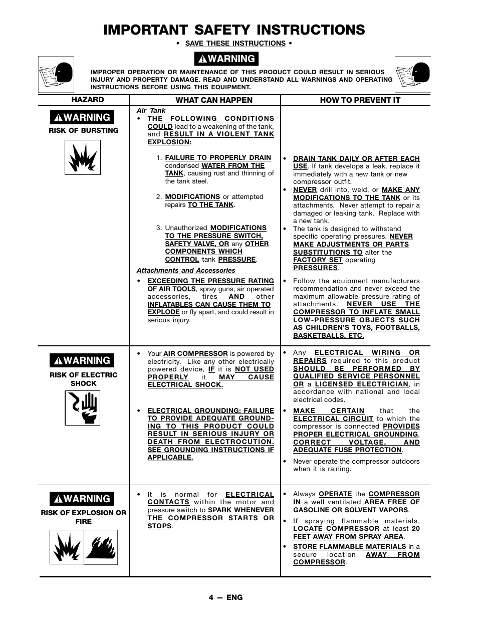 Important safety instructions | DeVillbiss Air Power Company FAC1025 User Manual | Page 4 / 16