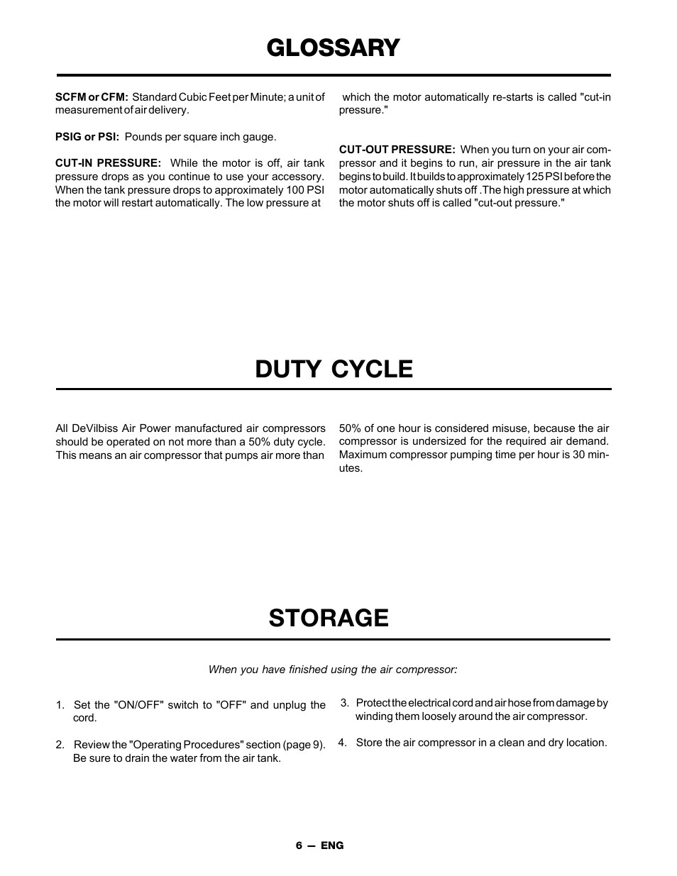 Glossary, Storage duty cycle | DeVillbiss Air Power Company FAC1025 User Manual | Page 6 / 16