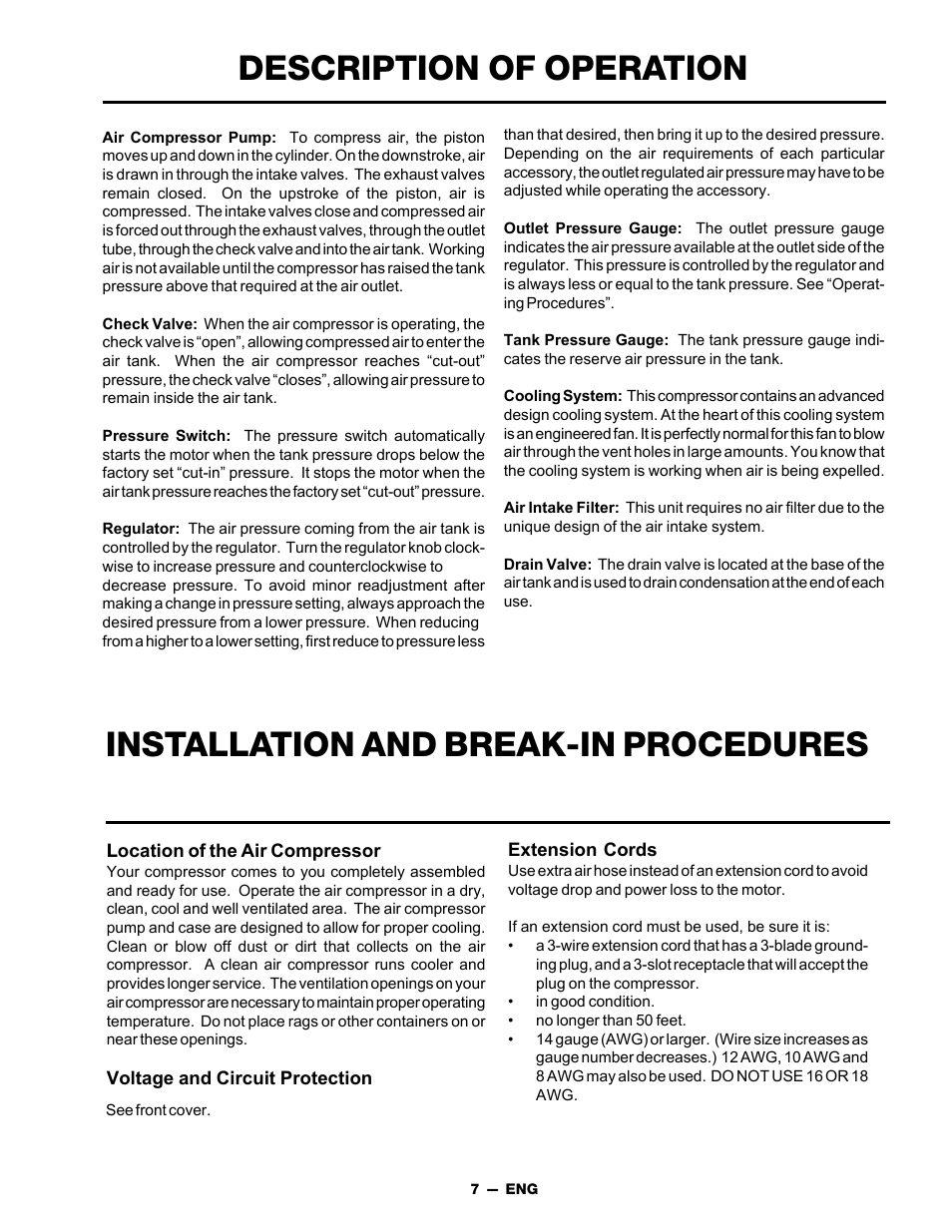Description of operation, Installation and break-in procedures | DeVillbiss Air Power Company FAC1025 User Manual | Page 7 / 16
