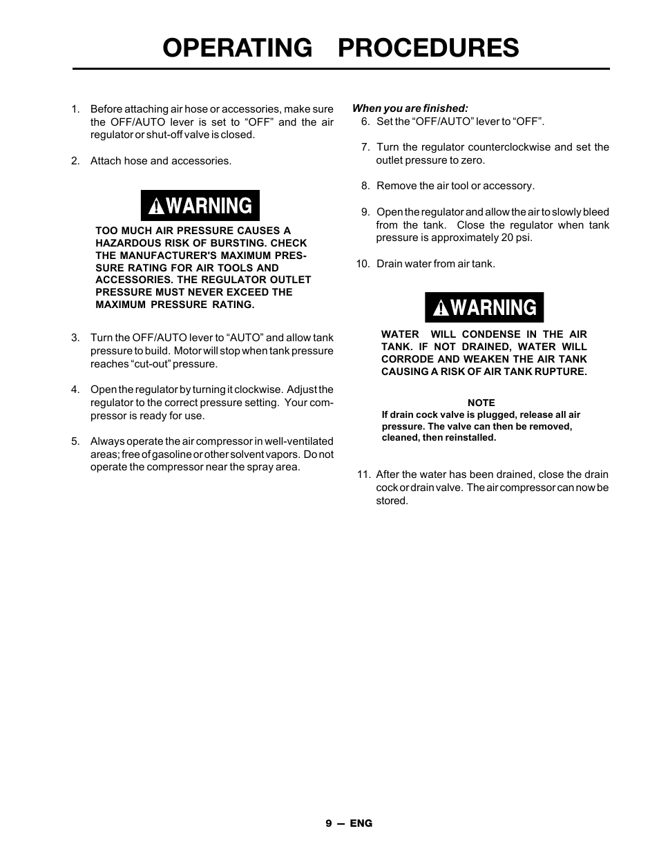 Operating procedures | DeVillbiss Air Power Company FAC1025 User Manual | Page 9 / 16