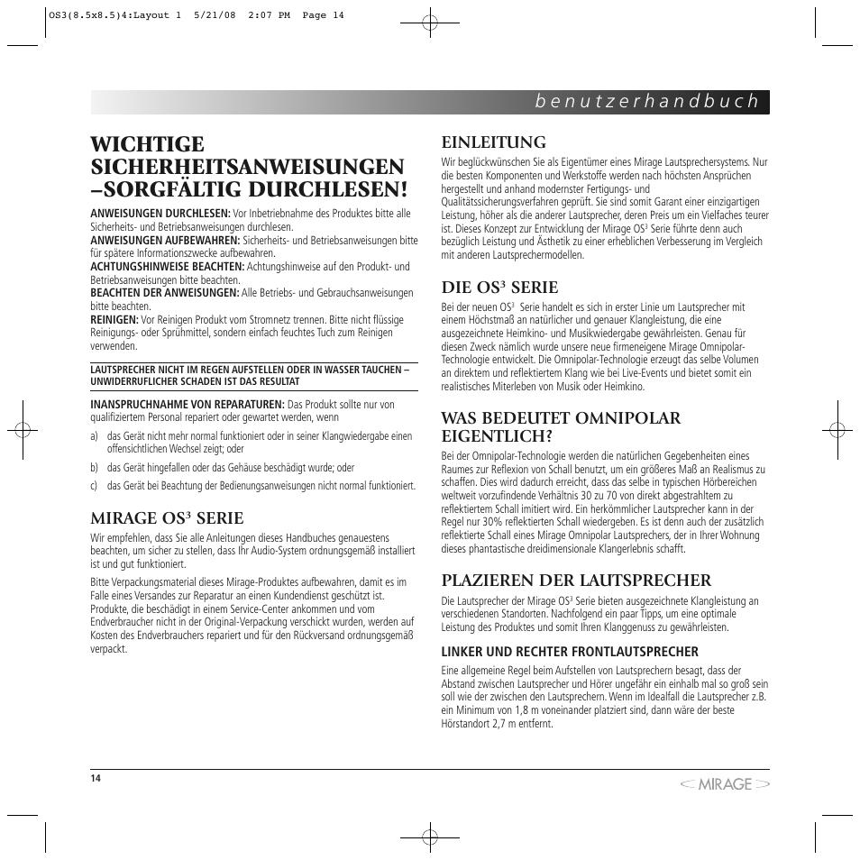 Mirage os, Serie, Einleitung | Die os, Was bedeutet omnipolar eigentlich, Plazieren der lautsprecher | Mirage OS³-FS User Manual | Page 14 / 36
