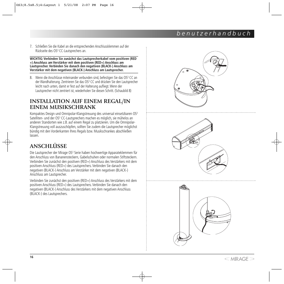 Installation auf einem regal/in einem musikschrank, Anschlüsse | Mirage OS³-FS User Manual | Page 16 / 36