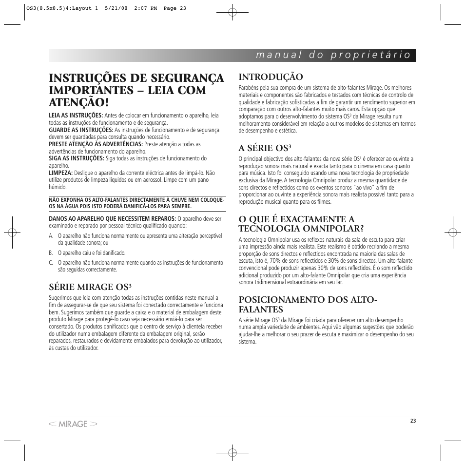 Série mirage os, Introdução, A série os | O que é exactamente a tecnologia omnipolar, Posicionamento dos alto- falantes | Mirage OS³-FS User Manual | Page 23 / 36