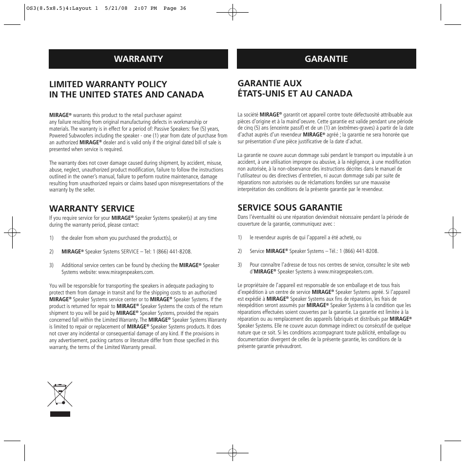 Garantie, Warranty service, Garantie aux états-unis et au canada | Service sous garantie, Warranty garantie | Mirage OS³-FS User Manual | Page 36 / 36