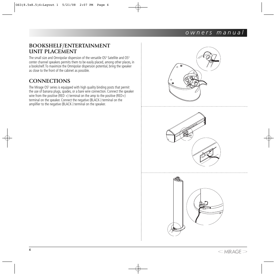 Bookshelf/entertainment unit placement, Connections | Mirage OS³-FS User Manual | Page 4 / 36