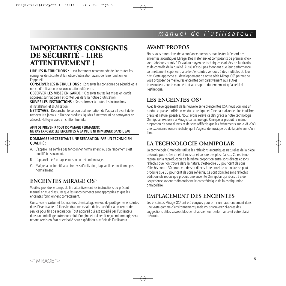 Enceintes mirage os, Avant-propos, Les enceintes os | La technologie omnipolar, Emplacement des enceintes | Mirage OS³-FS User Manual | Page 5 / 36