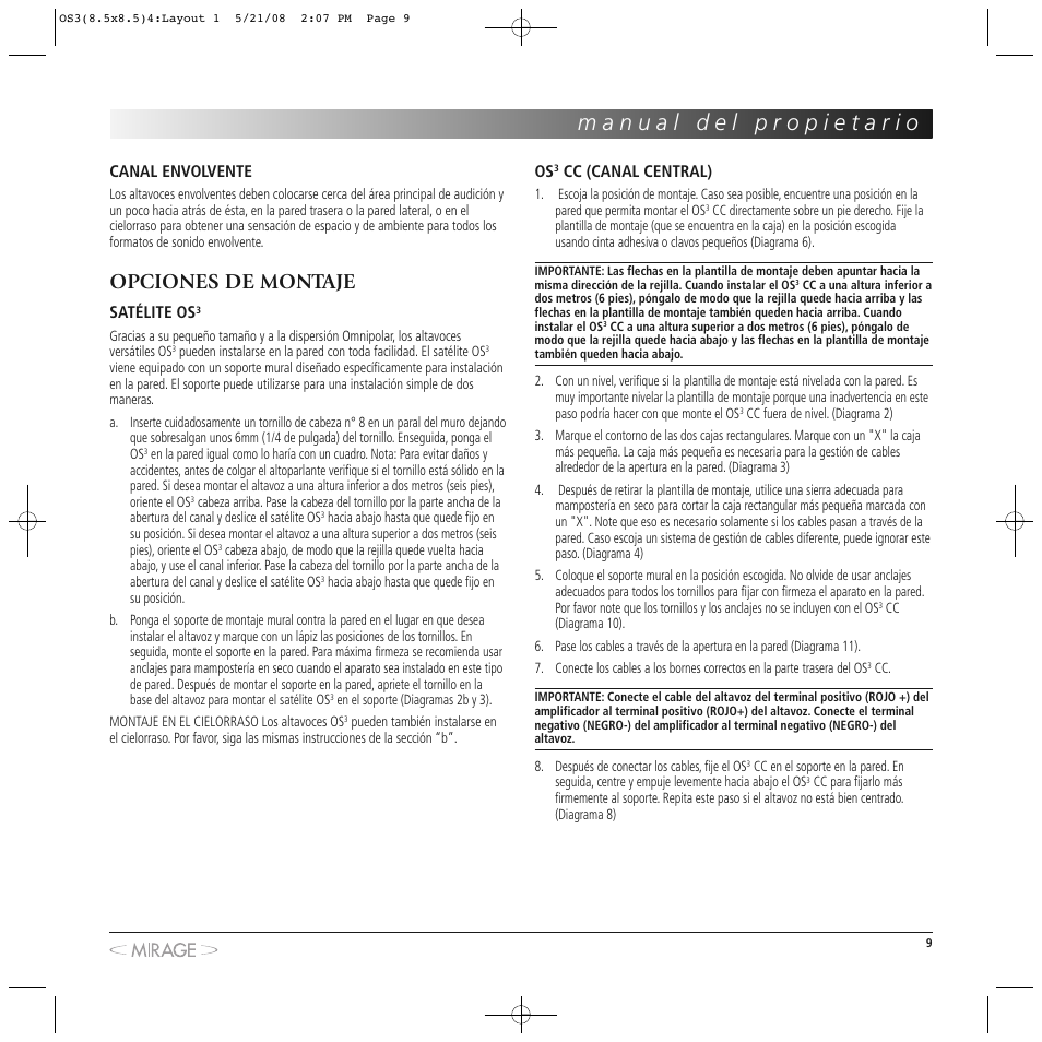 Opciones de montaje | Mirage OS³-FS User Manual | Page 9 / 36