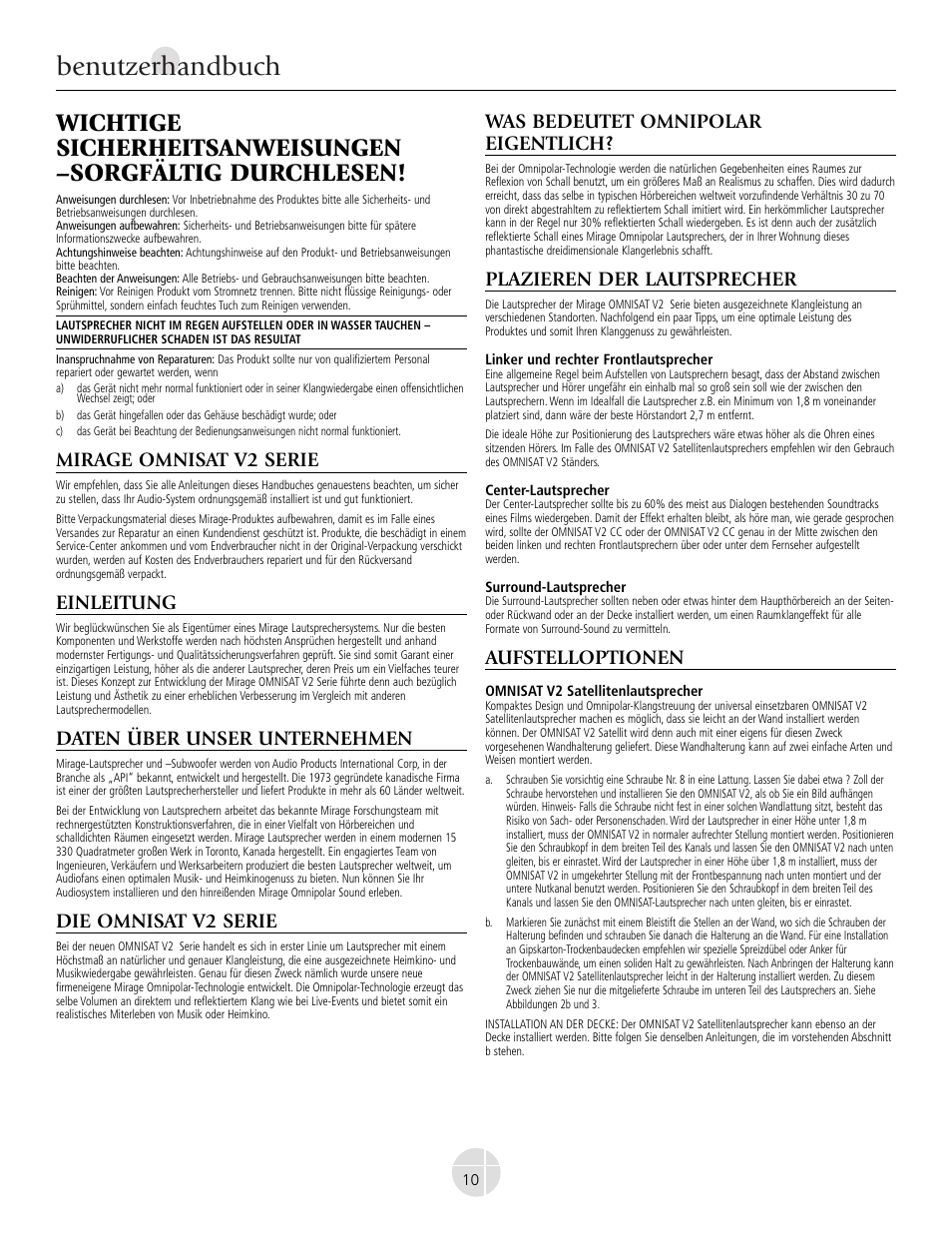 Benutzerhandbuch, Mirage omnisat v2 serie, Einleitung | Daten über unser unternehmen, Die omnisat v2 serie, Was bedeutet omnipolar eigentlich, Plazieren der lautsprecher, Aufstelloptionen | Mirage Omnisat® v2 FS User Manual | Page 10 / 24