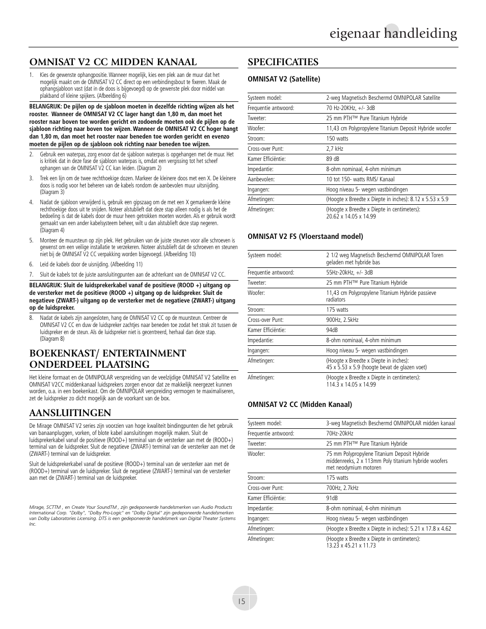 Eigenaar handleiding, Omnisat v2 cc midden kanaal, Boekenkast/ entertainment onderdeel plaatsing | Aansluitingen, Specificaties | Mirage Omnisat® v2 FS User Manual | Page 15 / 24