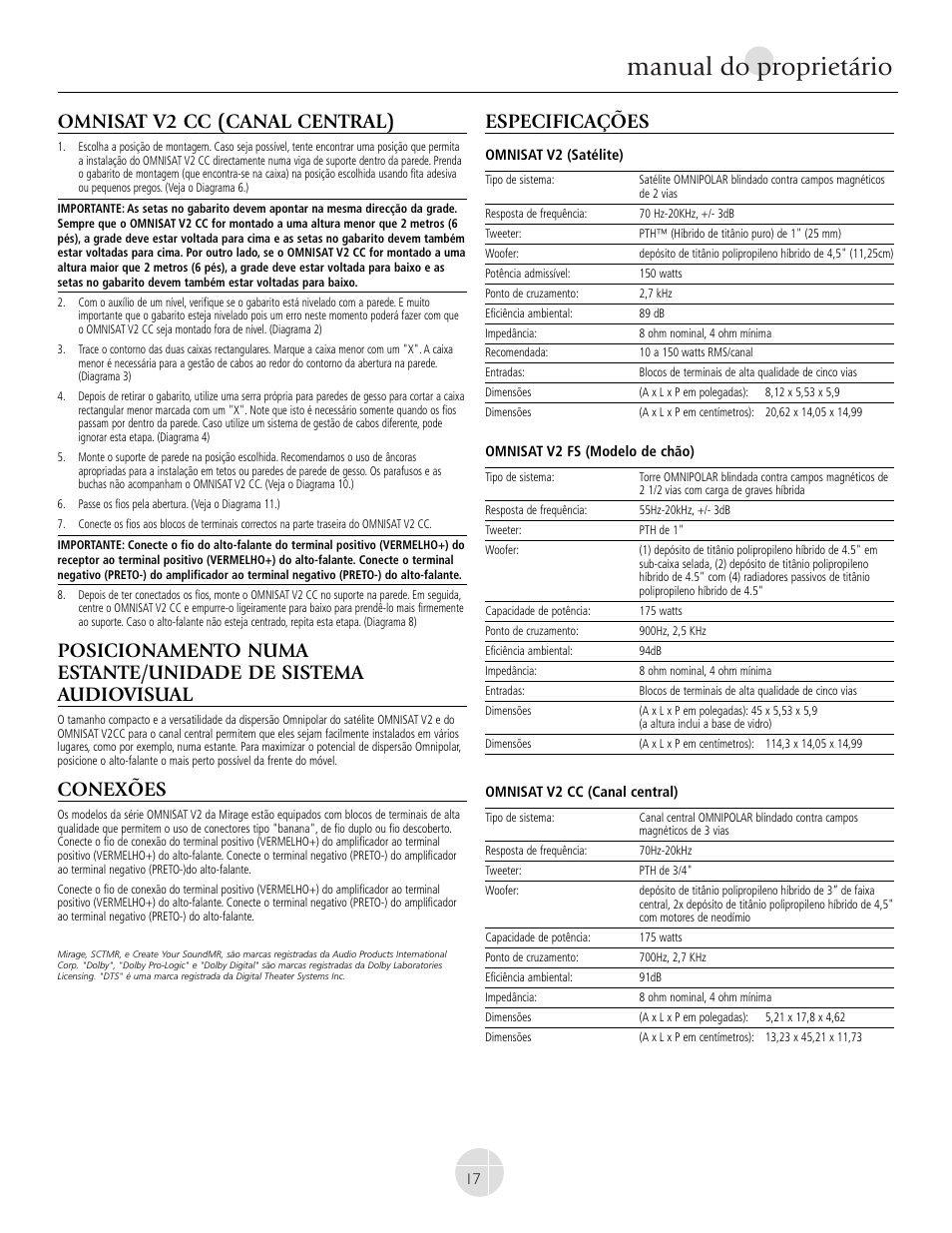 Manual do proprietário, Omnisat v2 cc (canal central), Conexões | Especificações | Mirage Omnisat® v2 FS User Manual | Page 17 / 24