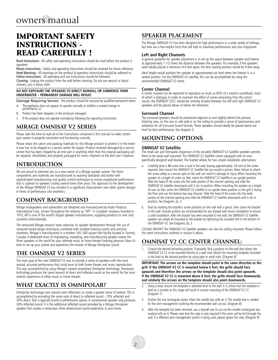 Owners manual, Important safety instructions - read carefully, Mirage omnisat v2 series | Introduction, Company background, The omnisat v2 series, What exactly is omnipolar, Speaker placement, Mounting options, Omnisat v2 cc center channel | Mirage Omnisat® v2 FS User Manual | Page 2 / 24