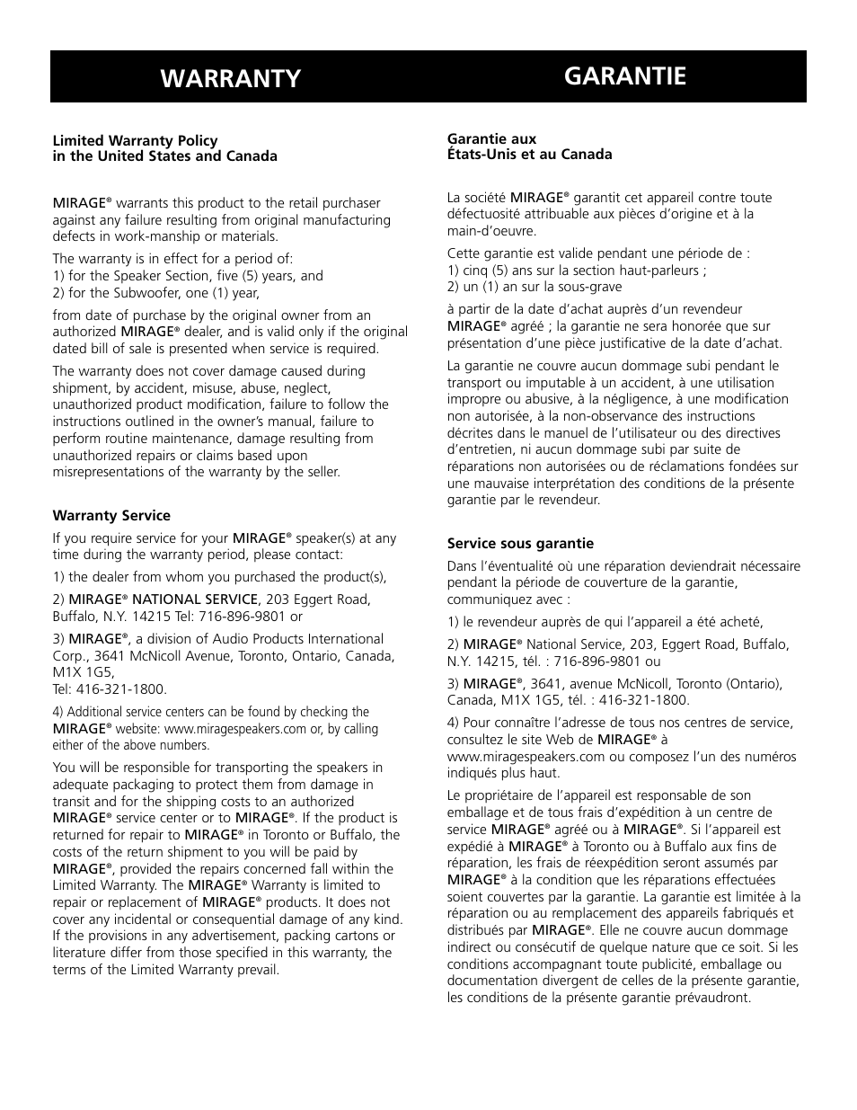 Warranty, Garantie | Mirage Omnisat® v2 FS User Manual | Page 24 / 24