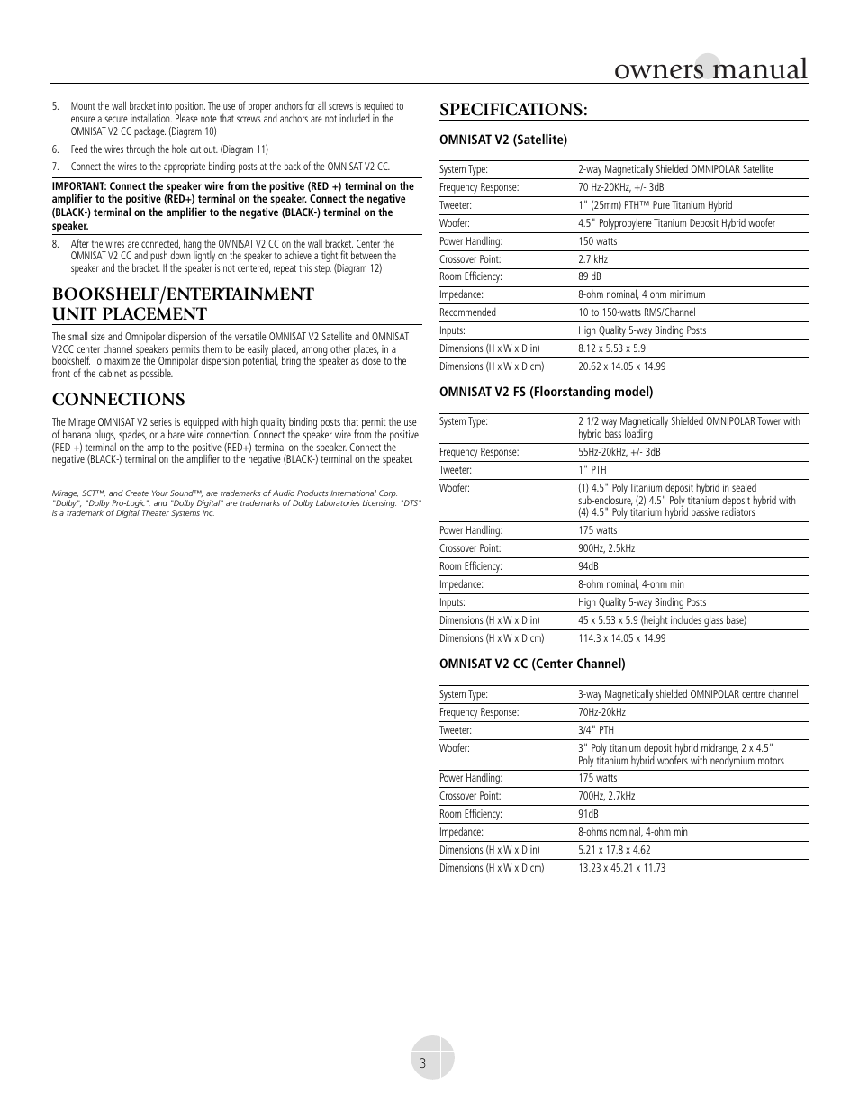 Owners manual, Bookshelf/entertainment unit placement, Connections | Specifications | Mirage Omnisat® v2 FS User Manual | Page 3 / 24