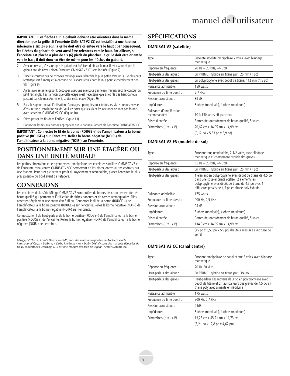 Manuel de l'utilisateur, Connexions, Spécifications | Mirage Omnisat® v2 FS User Manual | Page 5 / 24