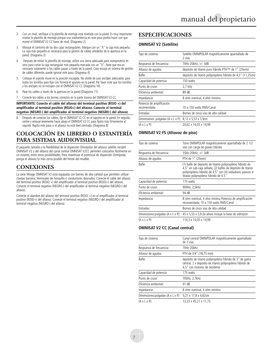 Manual del propietario, Conexiones, Especificaciones | Mirage Omnisat® v2 FS User Manual | Page 7 / 24