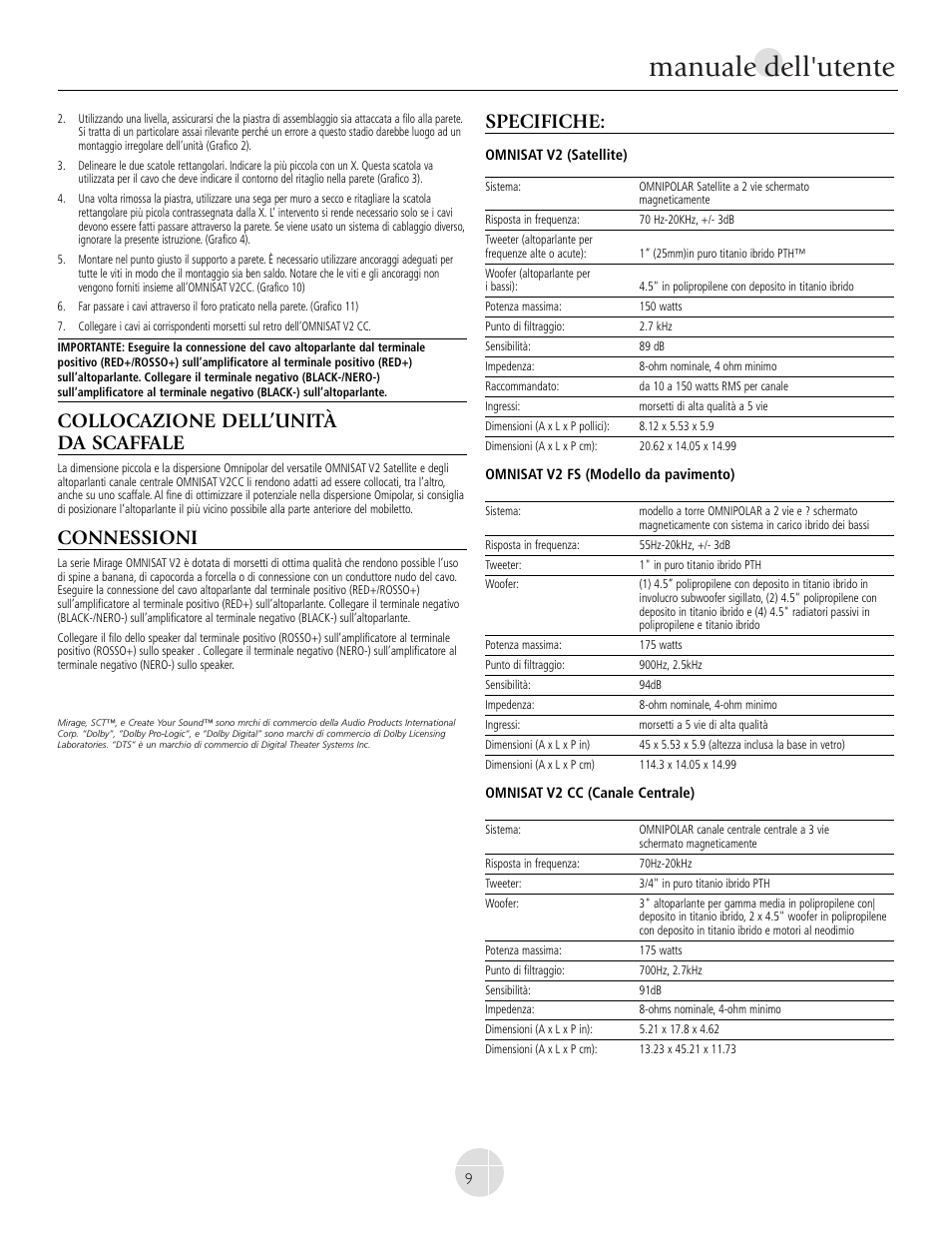 Manuale dell'utente, Collocazione dell’unità da scaffale, Connessioni | Specifiche | Mirage Omnisat® v2 FS User Manual | Page 9 / 24