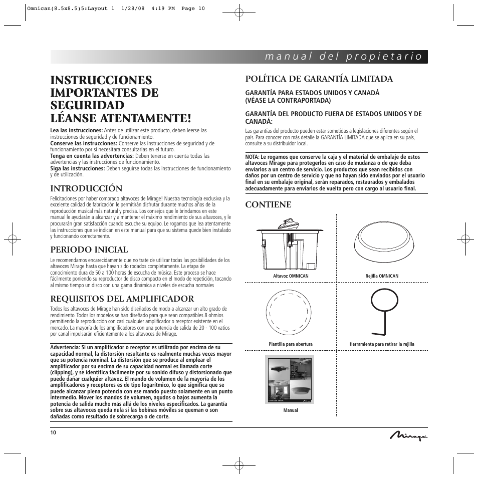 Introducción, Periodo inicial, Requisitos del amplificador | Política de garantía limitada, Contiene | Mirage Omnican OC-65 User Manual | Page 10 / 42