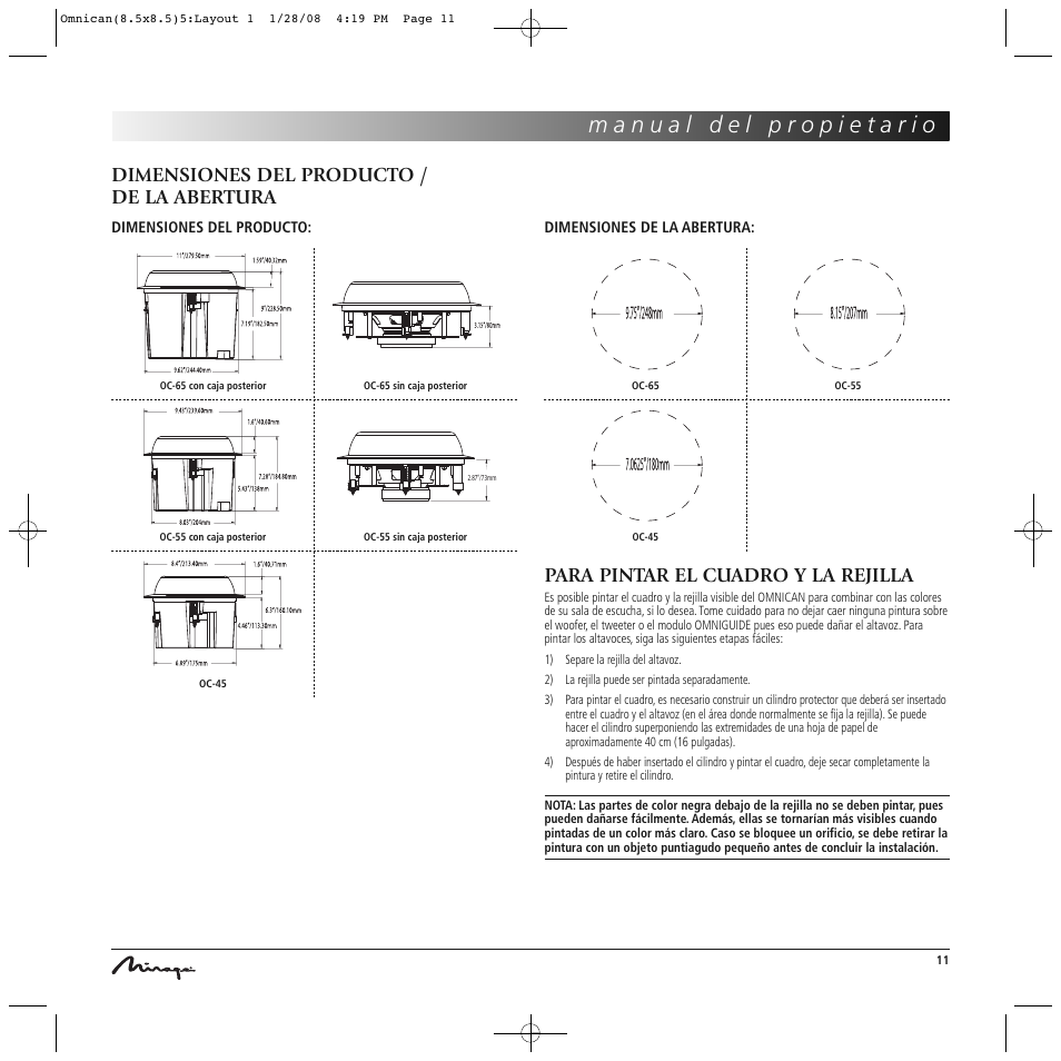 Dimensiones del producto / de la abertura, Para pintar el cuadro y la rejilla | Mirage Omnican OC-65 User Manual | Page 11 / 42