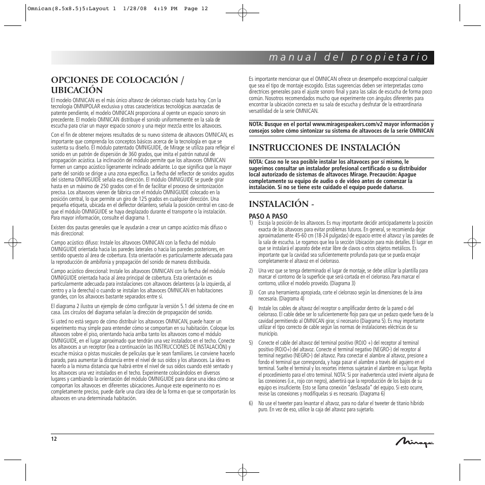 Opciones de colocación / ubicación, Instrucciones de instalación, Instalación | Mirage Omnican OC-65 User Manual | Page 12 / 42