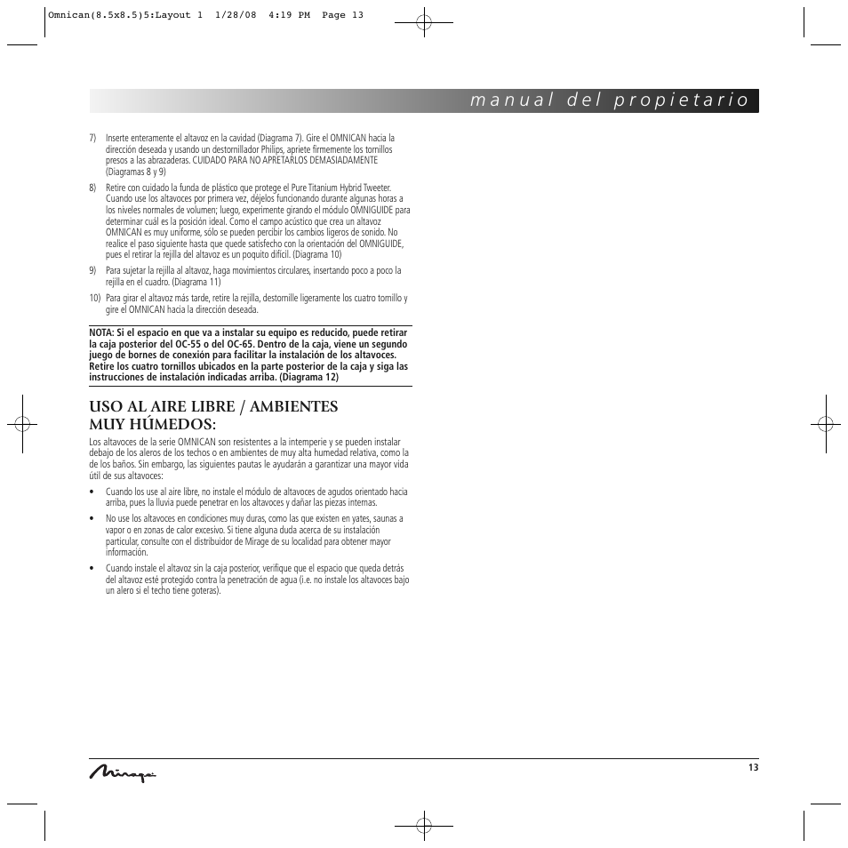 Uso al aire libre / ambientes muy húmedos | Mirage Omnican OC-65 User Manual | Page 13 / 42