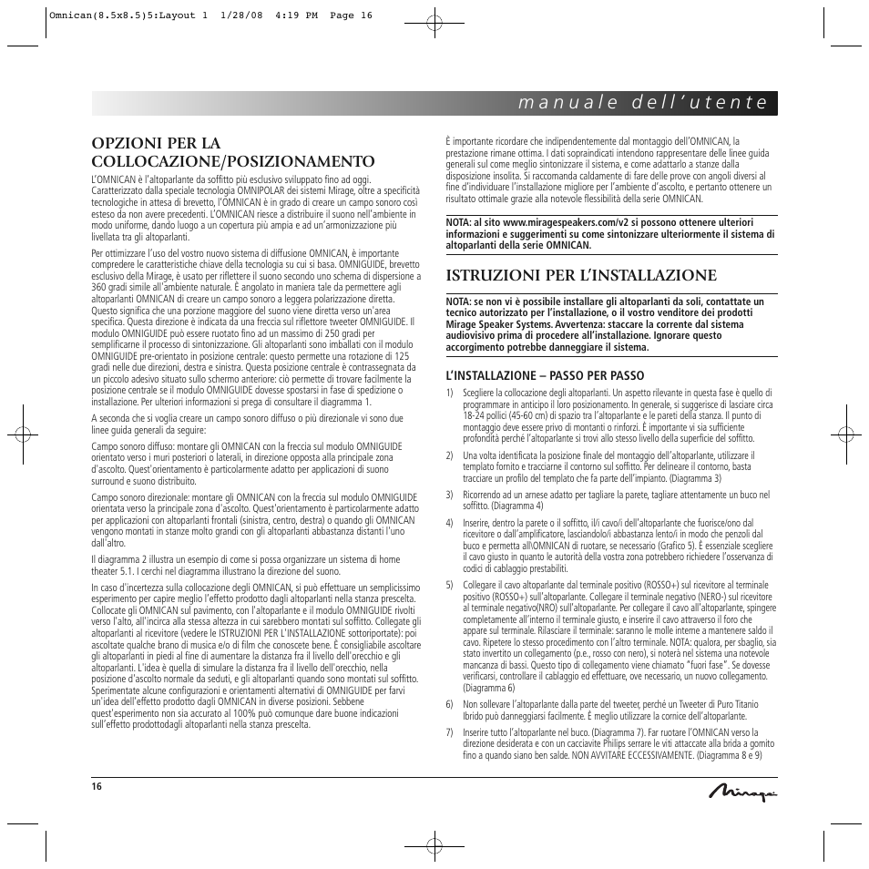 Opzioni per la collocazione/posizionamento, Istruzioni per l’installazione | Mirage Omnican OC-65 User Manual | Page 16 / 42