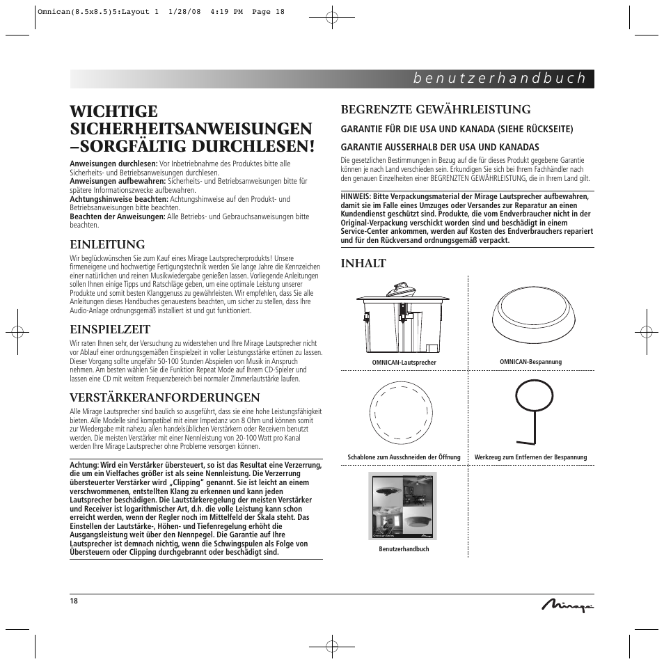 Einleitung, Einspielzeit, Verstärkeranforderungen | Begrenzte gewährleistung, Inhalt | Mirage Omnican OC-65 User Manual | Page 18 / 42