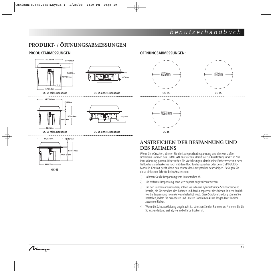 Produkt- / öffnungsabmessungen, Anstreichen der bespannung und des rahmens | Mirage Omnican OC-65 User Manual | Page 19 / 42