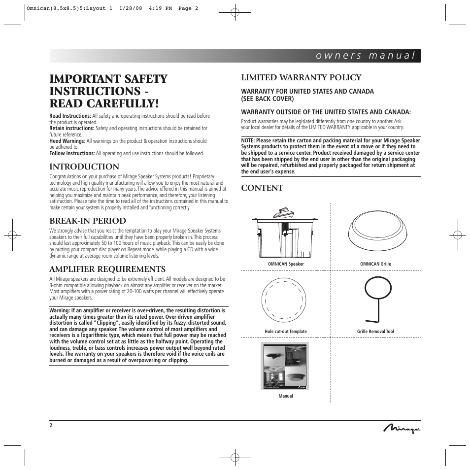 Important safety instructions - read carefully, Introduction, Break-in period | Amplifier requirements, Limited warranty policy, Content | Mirage Omnican OC-65 User Manual | Page 2 / 42