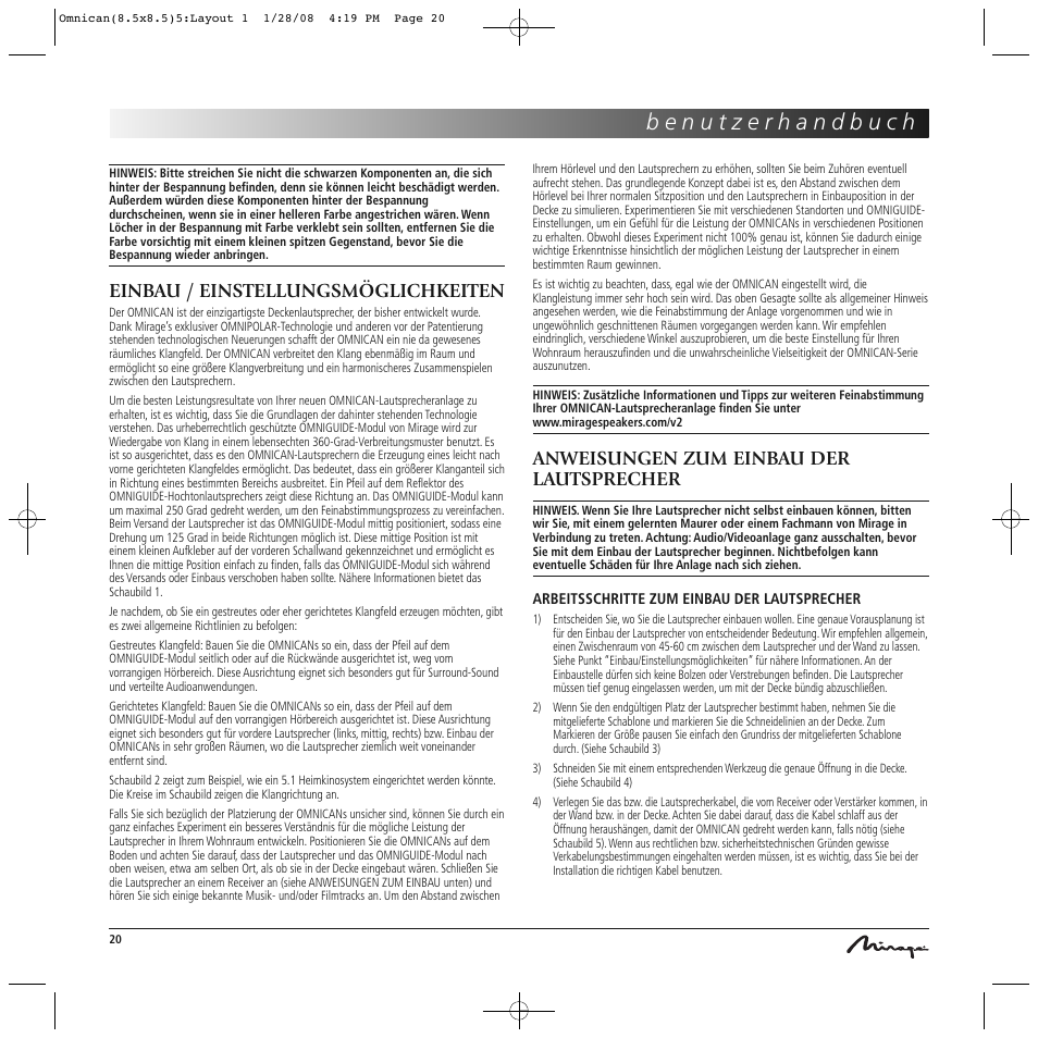 Einbau / einstellungsmöglichkeiten, Anweisungen zum einbau der lautsprecher | Mirage Omnican OC-65 User Manual | Page 20 / 42