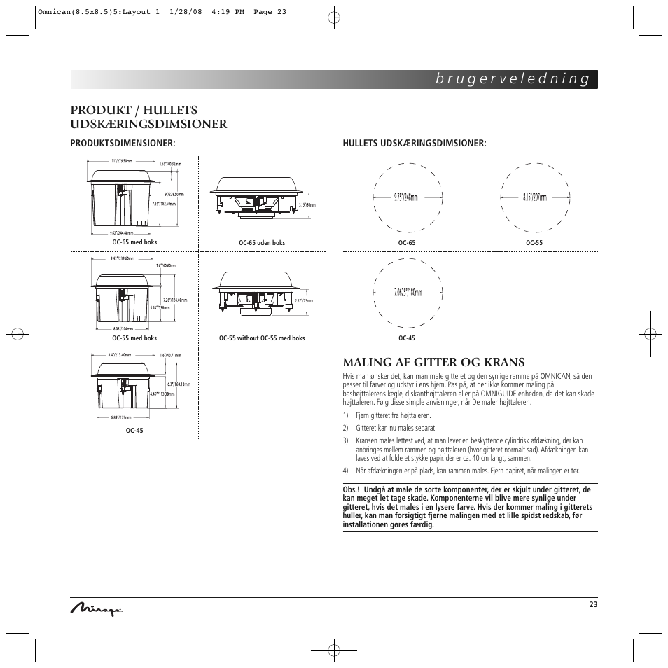 Produkt / hullets udskæringsdimsioner, Maling af gitter og krans | Mirage Omnican OC-65 User Manual | Page 23 / 42