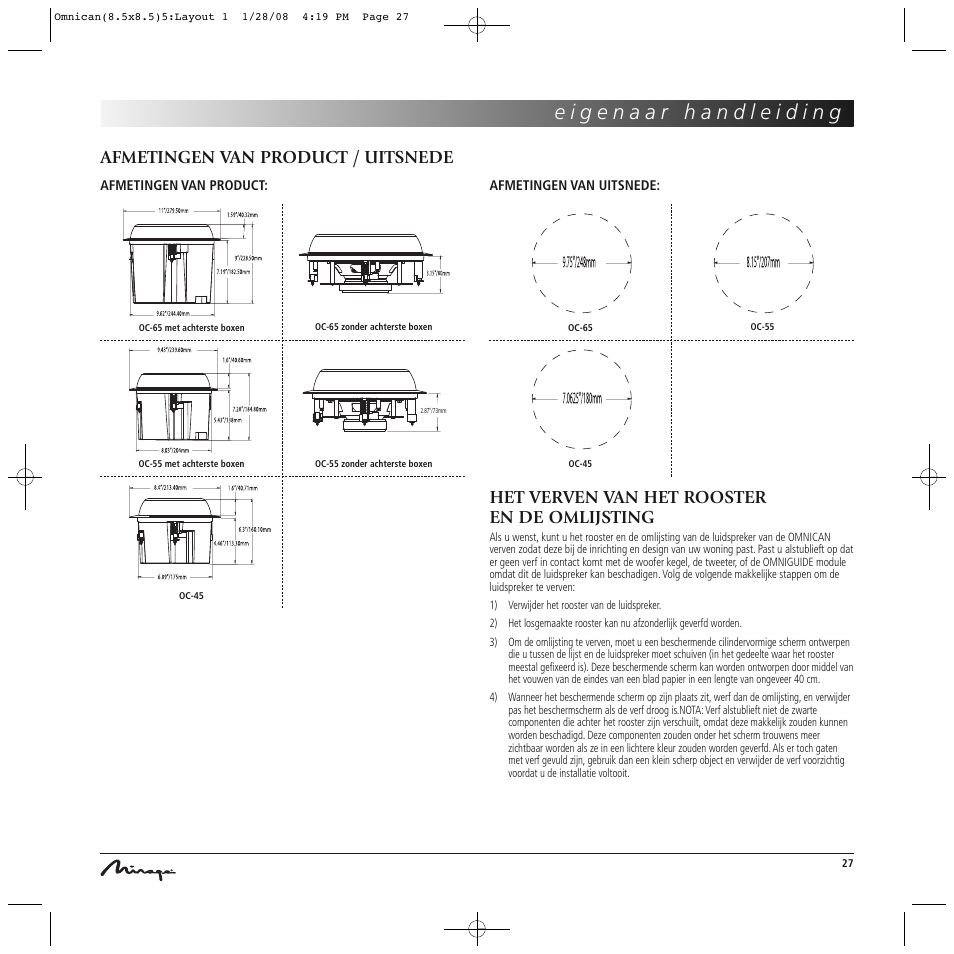 Afmetingen van product / uitsnede, Het verven van het rooster en de omlijsting | Mirage Omnican OC-65 User Manual | Page 27 / 42