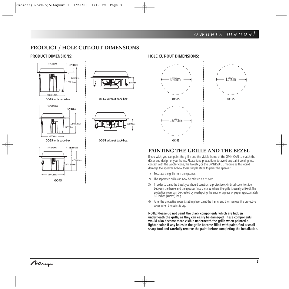 Product / hole cut-out dimensions, Painting the grille and the bezel | Mirage Omnican OC-65 User Manual | Page 3 / 42