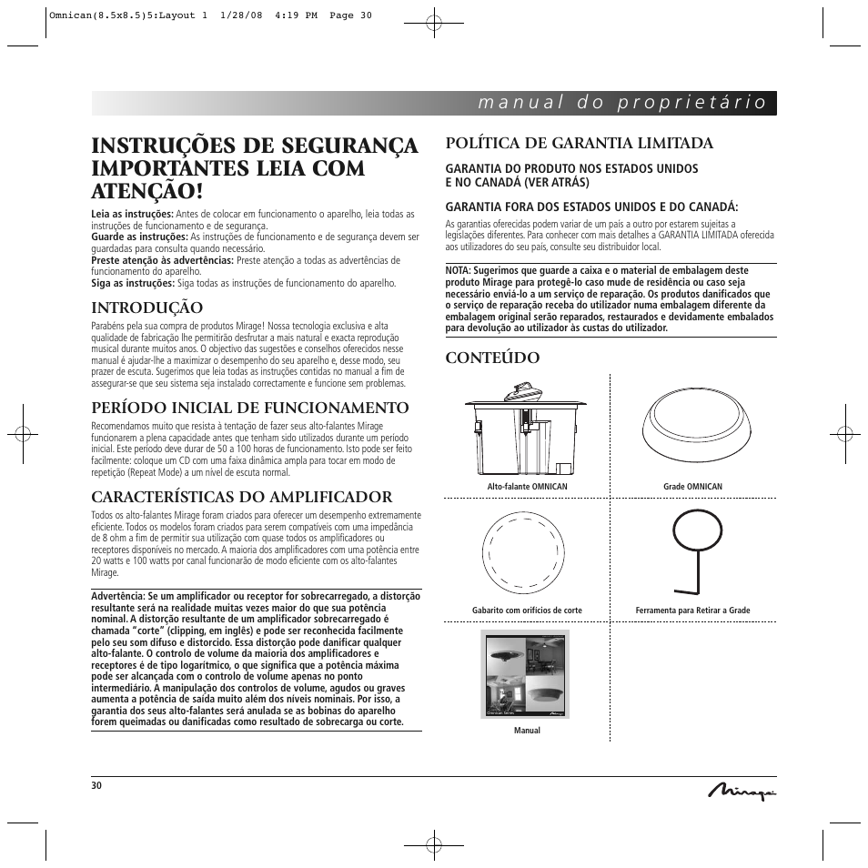 Introdução, Período inicial de funcionamento, Características do amplificador | Política de garantia limitada, Conteúdo | Mirage Omnican OC-65 User Manual | Page 30 / 42