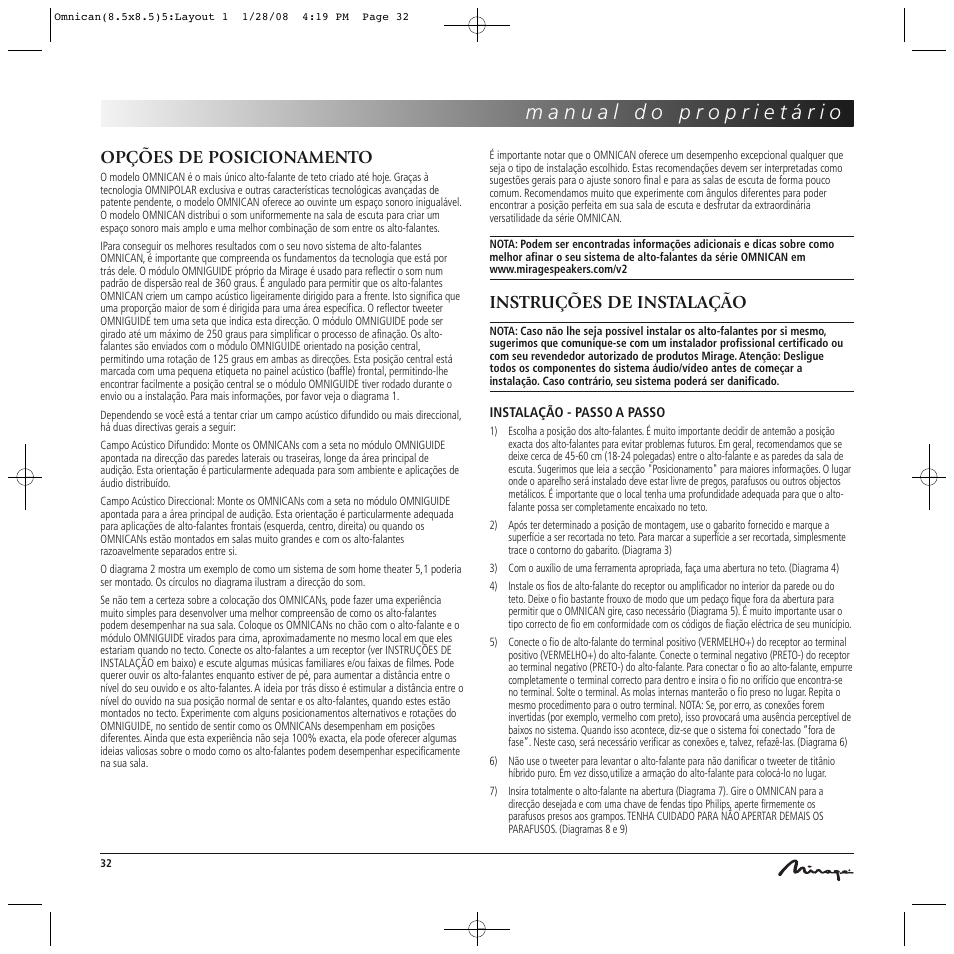 Opções de posicionamento, Instruções de instalação | Mirage Omnican OC-65 User Manual | Page 32 / 42