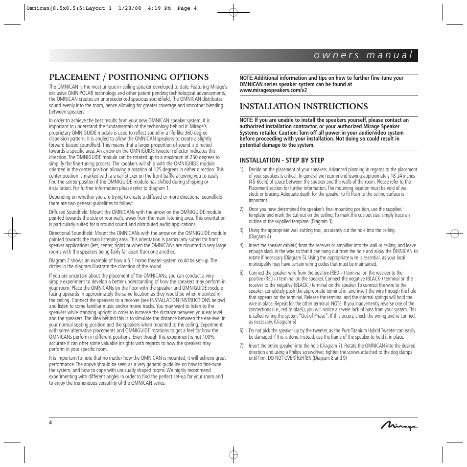 Placement / positioning options, Installation instructions | Mirage Omnican OC-65 User Manual | Page 4 / 42