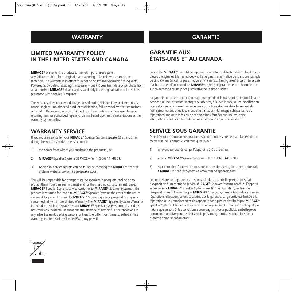 Garantie, Warranty service, Garantie aux états-unis et au canada | Service sous garantie, Warranty garantie | Mirage Omnican OC-65 User Manual | Page 42 / 42